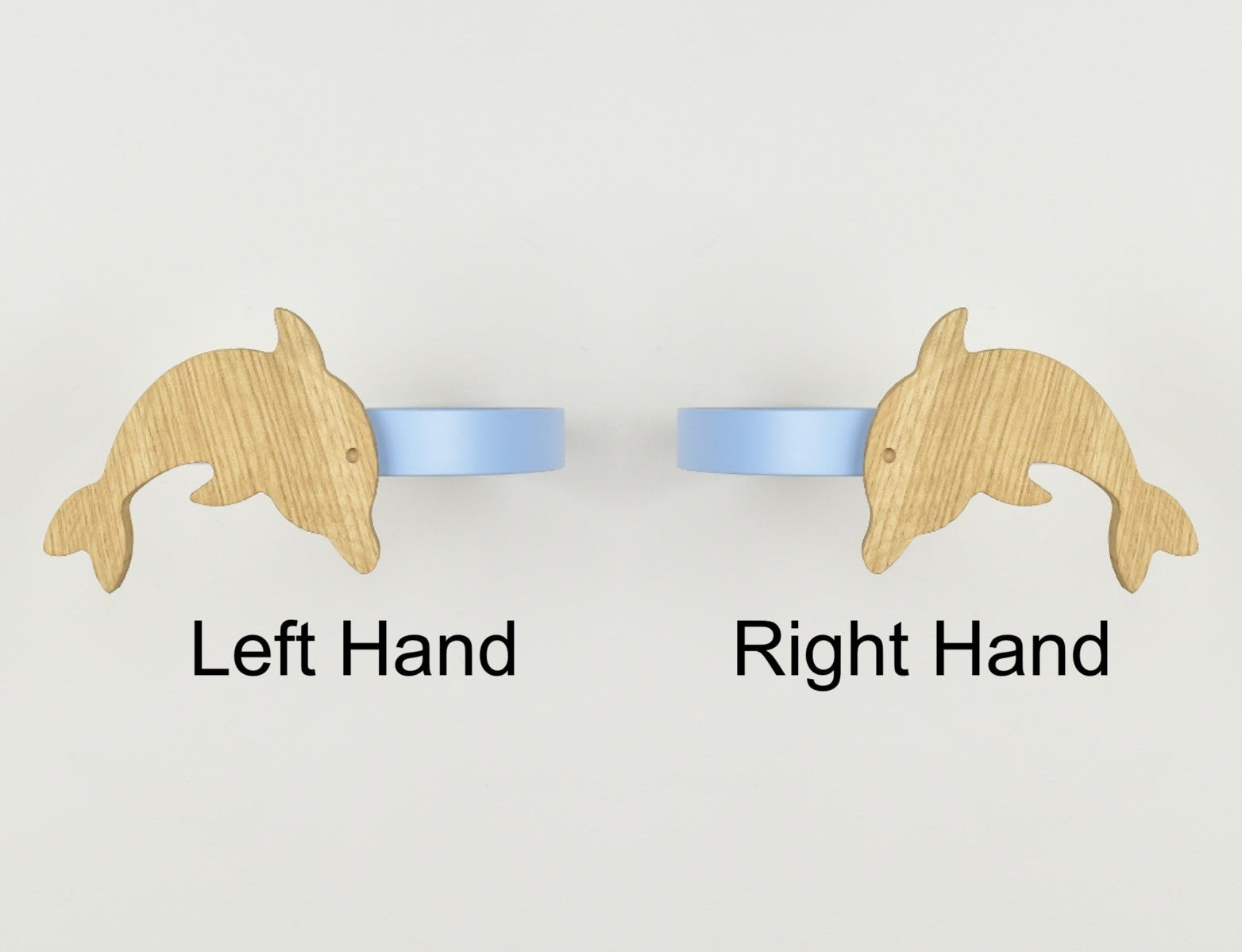 Ocean animal curtain tiebacks showing right hand and left hand options - Dolphin oak tiebacks for kids