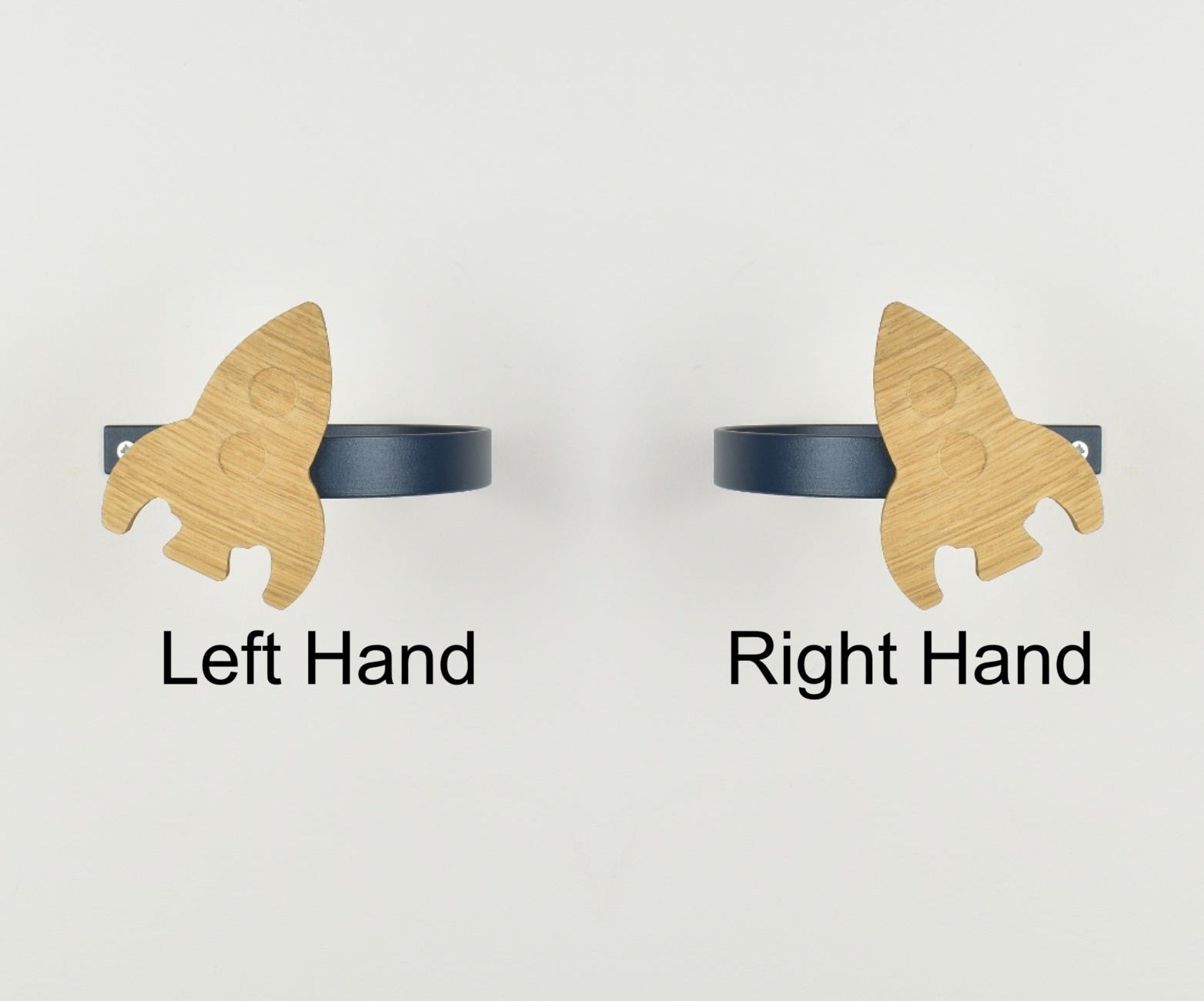 Space theme curtain tiebacks showing right hand and left hand options - rocket oak tiebacks for kids
