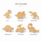 Set of six handmade oak dinosaur drawer knobs including T rex, triceratops, spinosaurus, stegosaurus, pterodactyl and brachiosaurus