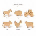 Set of six handmade oak farm animal drawer knobs including horse, pig, tractor, cow, chicken and sheep