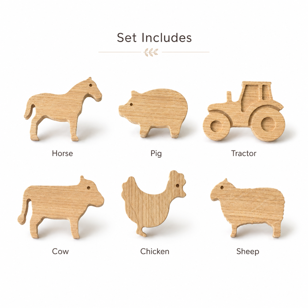 Set of six handmade oak farm animal drawer knobs including horse, pig, tractor, cow, chicken and sheep
