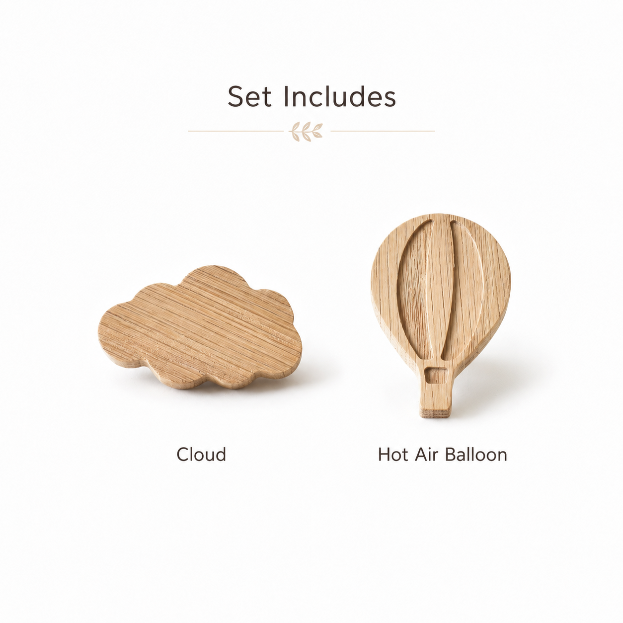 Set of two handmade oak nursery drawer knobs including cloud and hot air balloon designs