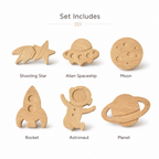 Set of six handmade oak space drawer knobs including shooting star, alien spaceship, moon, rocket, astronaut and planet
