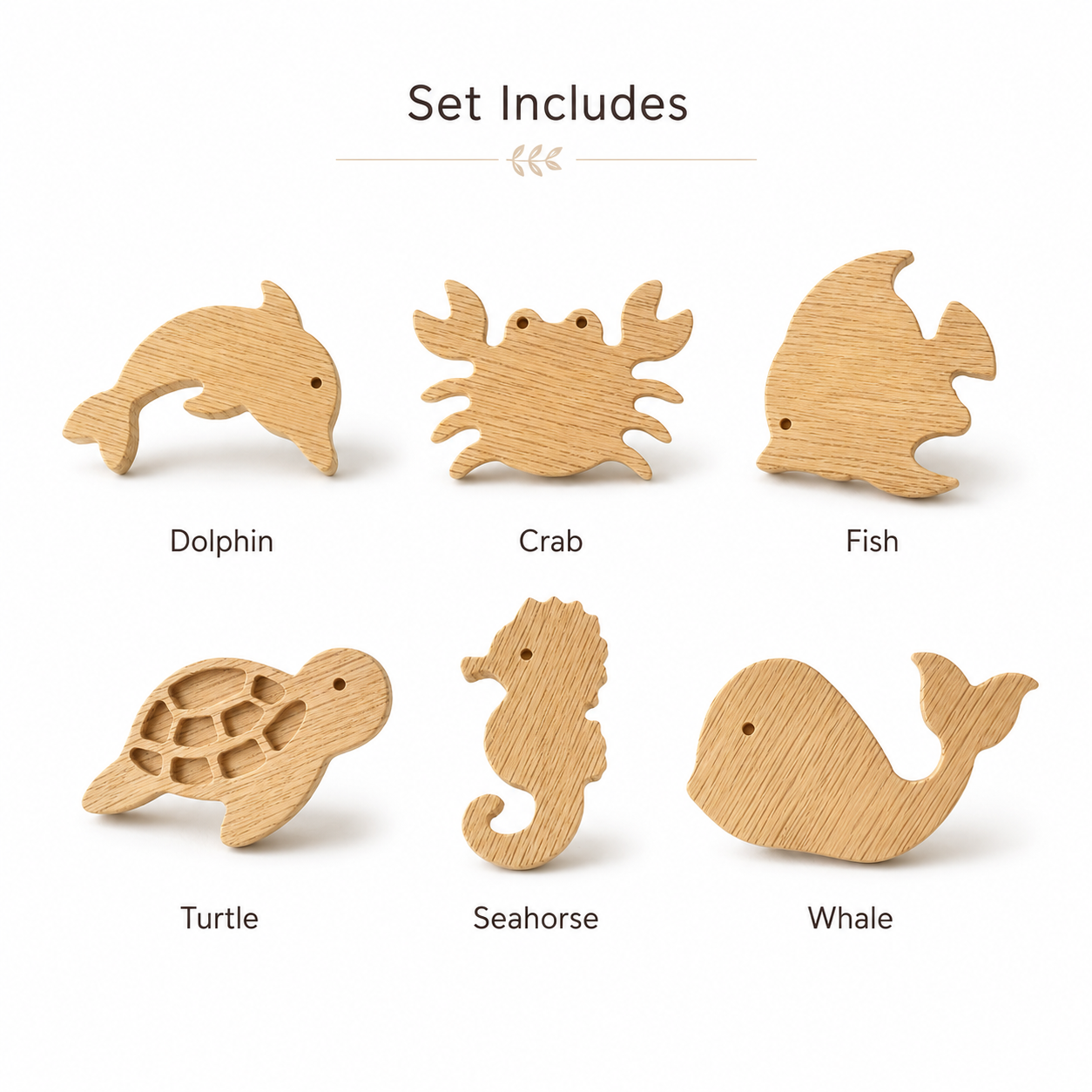 Set of six handmade oak ocean animal drawer knobs including dolphin, crab, fish, turtle, seahorse and whale