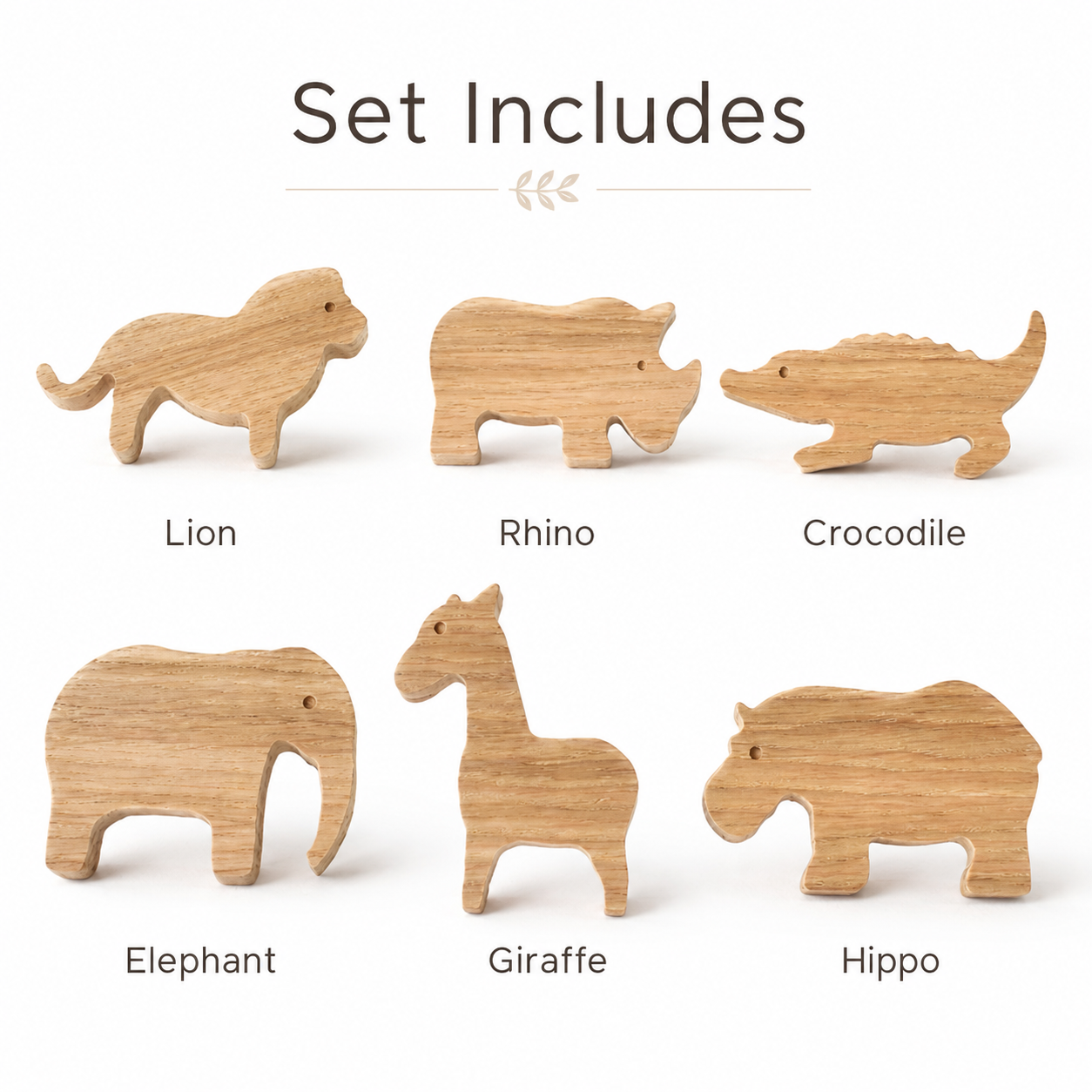 Set of six handmade oak safari animal drawer knobs including lion, rhino, crocodile, elephant, giraffe and hippo