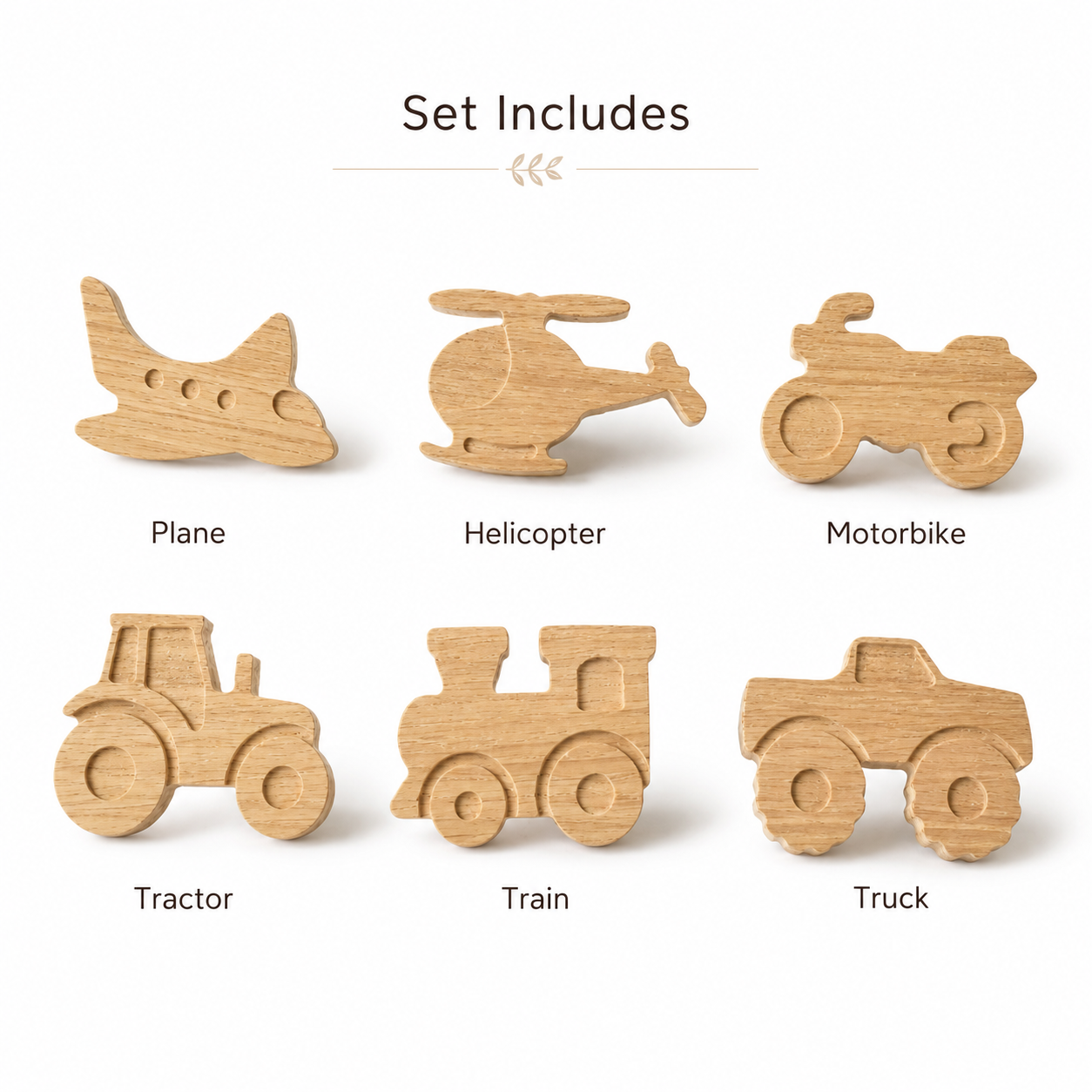 Set of six handmade oak transport vehicle drawer knobs including plane, helicopter, motorbike, tractor, train and truck