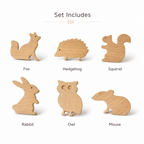 Set of six handmade oak woodland animal drawer knobs including fox, hedgehog, squirrel, rabbit, owl and mouse