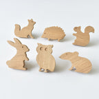 Set of six handmade oak woodland animal drawer knobs including fox, hedgehog, squirrel, rabbit, owl and mouse
