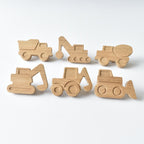 Set of six handmade oak construction vehicle drawer knobs including dump truck, crane, cement truck, excavator, digger and bulldozer