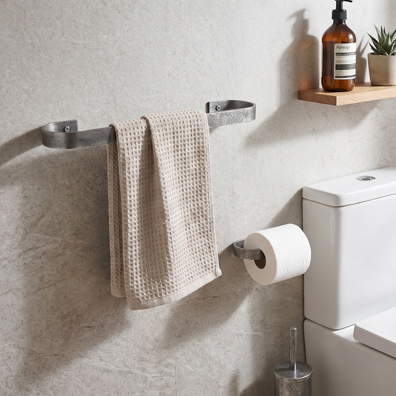 Rounded Pewter Metal Towel Rail - Modern Wall Mounted Towel Rack