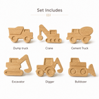 Set of six handmade oak construction vehicle drawer knobs including dump truck, crane, cement truck, excavator, digger and bulldozer