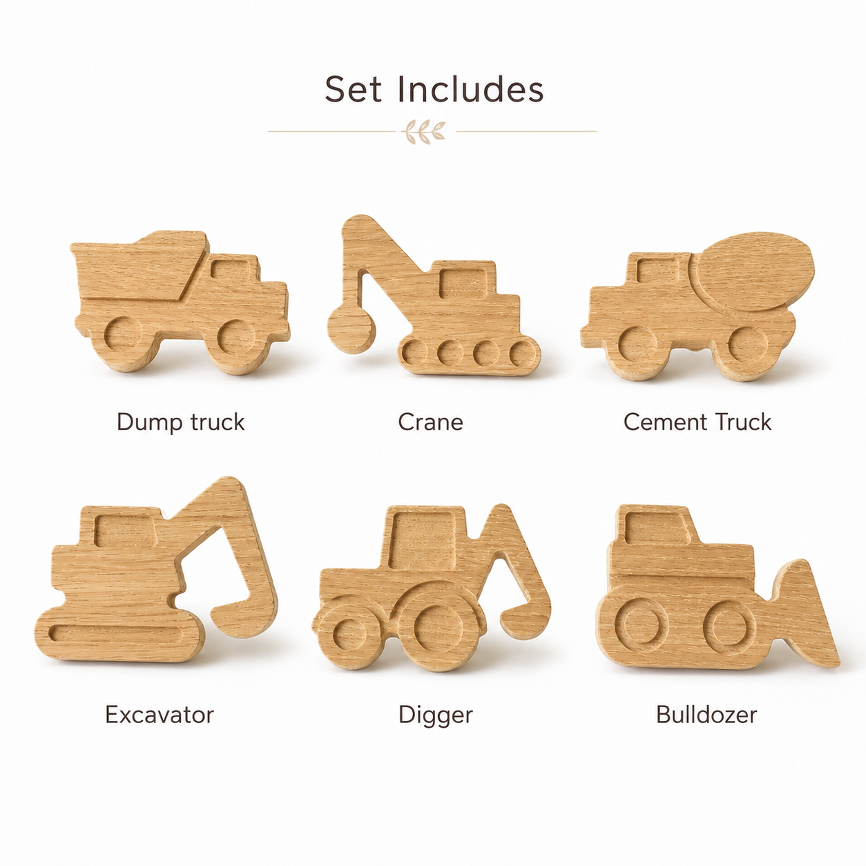 Set of six handmade oak construction vehicle drawer knobs including dump truck, crane, cement truck, excavator, digger and bulldozer